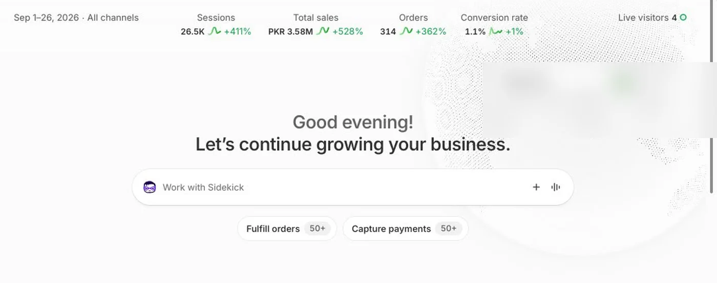 Shopify dashboard of a new ecommerce client: total sales up 528% and orders up 362% in the first 26 days of September 2026