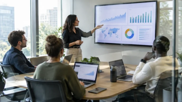Agency team reviewing client dashboards on a wall screen in a meeting room