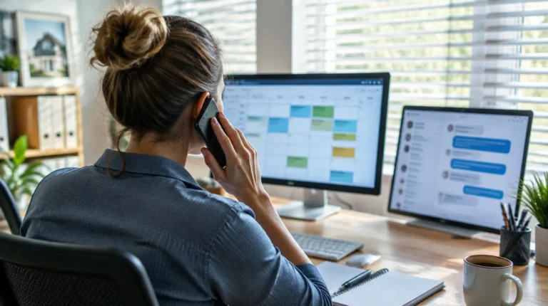 Office worker answering a customer call while automated text follow-ups and a booking calendar run on screen