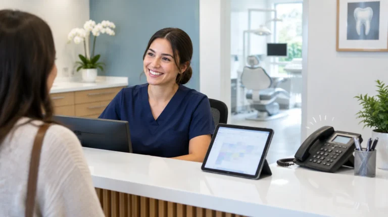 Dental clinic receptionist with a patient, ringing desk phone and an appointment calendar on a tablet