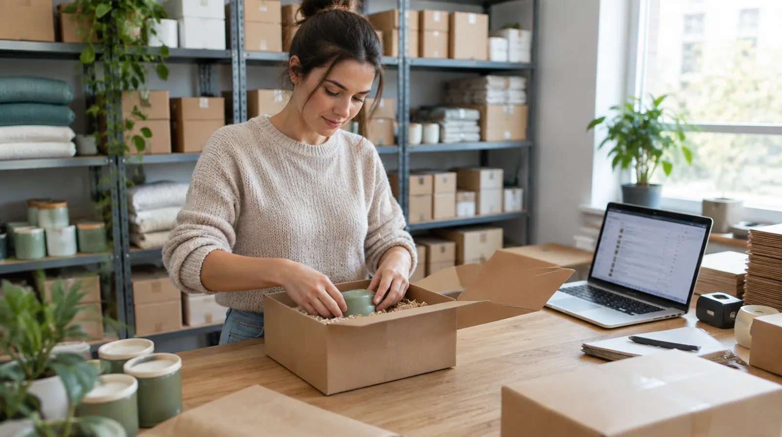 Small ecommerce brand packing an order at a station with inventory shelves