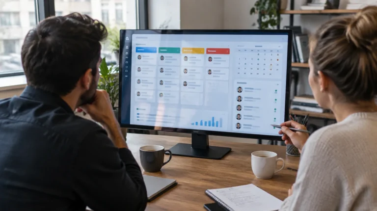Two people reviewing a GoHighLevel-style CRM dashboard with pipeline stages and calendar