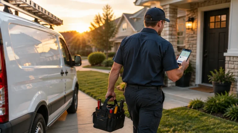 Plumbing technician arriving at a customer home with a job card on his phone