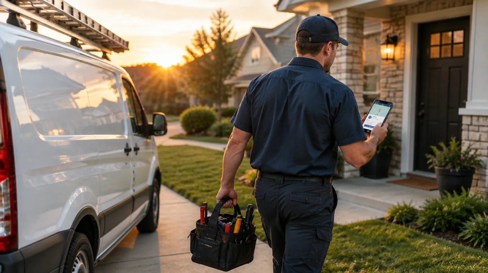 Plumbing technician arriving at a customer home with a job card on his phone