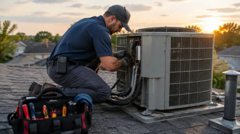 HVAC technician servicing a rooftop air conditioning unit