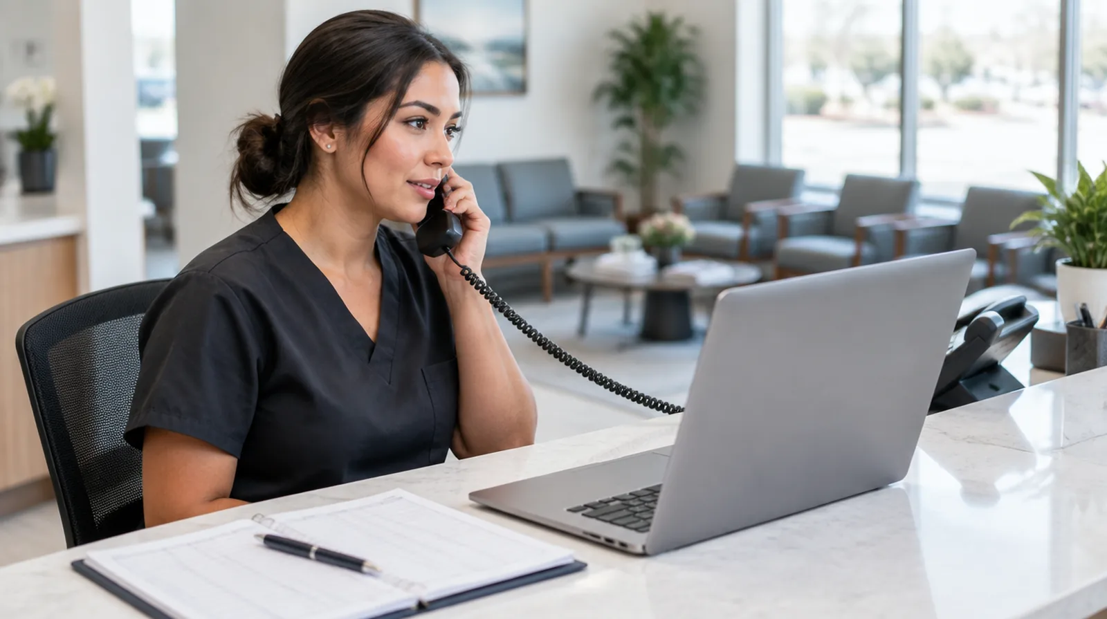Clinic receptionist answering a ringing desk phone at the front desk, laptop and appointment book beside her