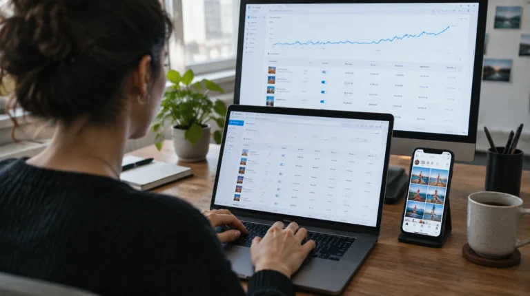 Media buyer reviewing a social ads campaign dashboard with a rising results chart