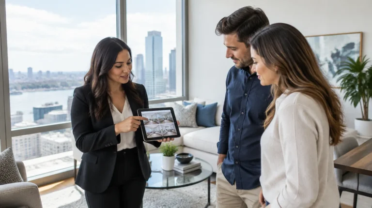 Real estate agent showing an apartment to a couple with a tablet listing gallery