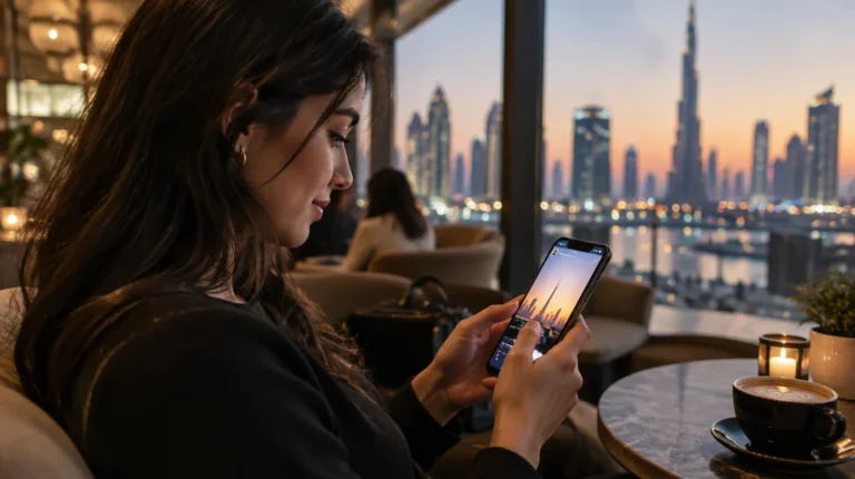 Young woman in a cafe at dusk looking at a story on her phone