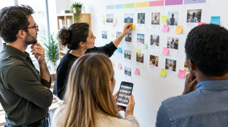 Marketing team planning a monthly content calendar on a wall of printed cards