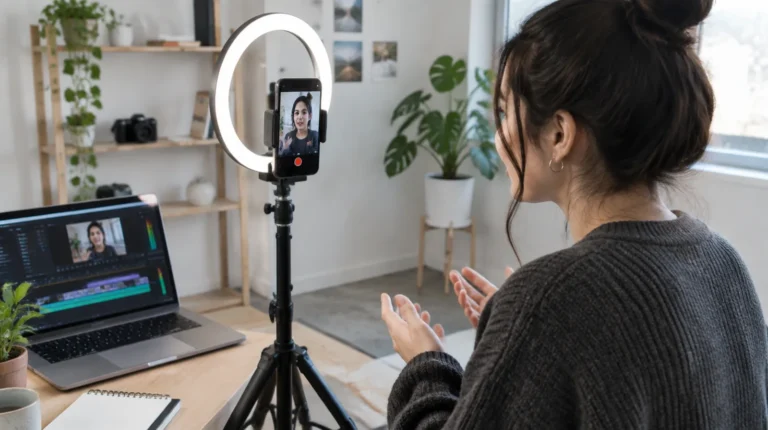 Creator filming a vertical short-form video with a phone on a tripod and ring light