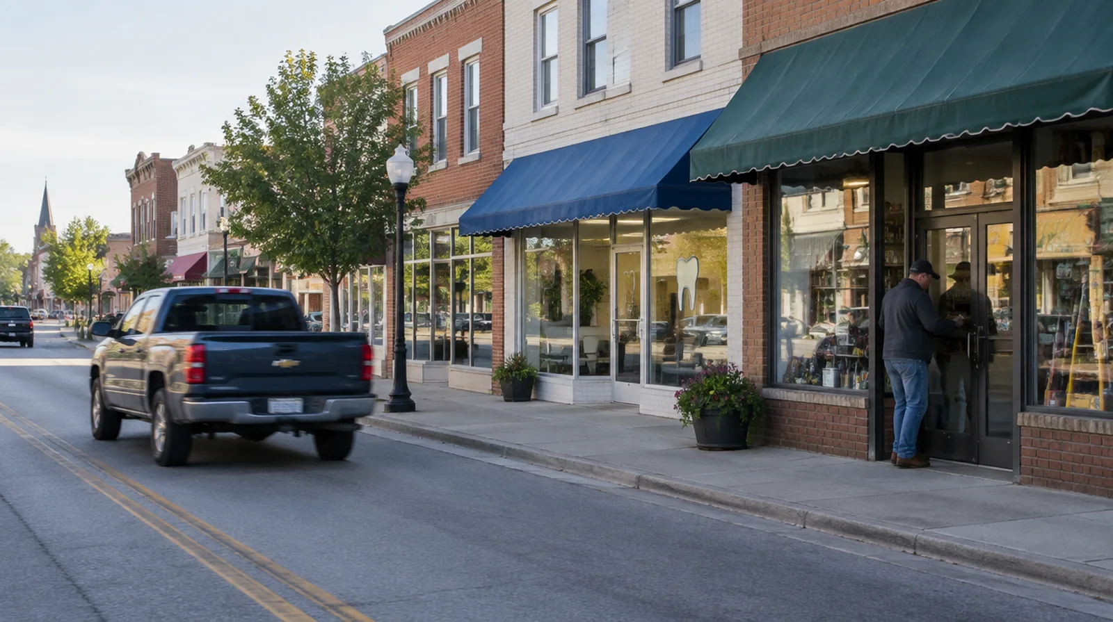 Main street of a US town with a dental clinic and small shops in the morning