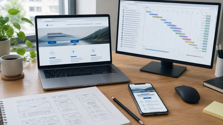 Developer desk with a landing page in a browser, a page-speed chart and the mobile version on a phone