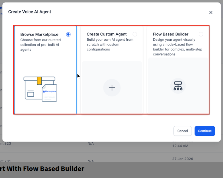 Create Voice AI Agent dialog with marketplace, custom, and flow-builder options
