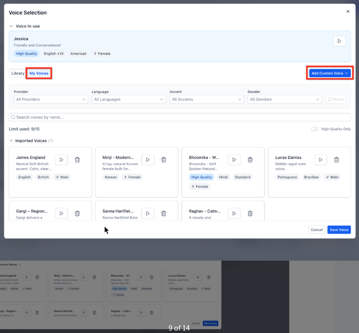 Voice library with voice cards and language, accent, age, and gender filters