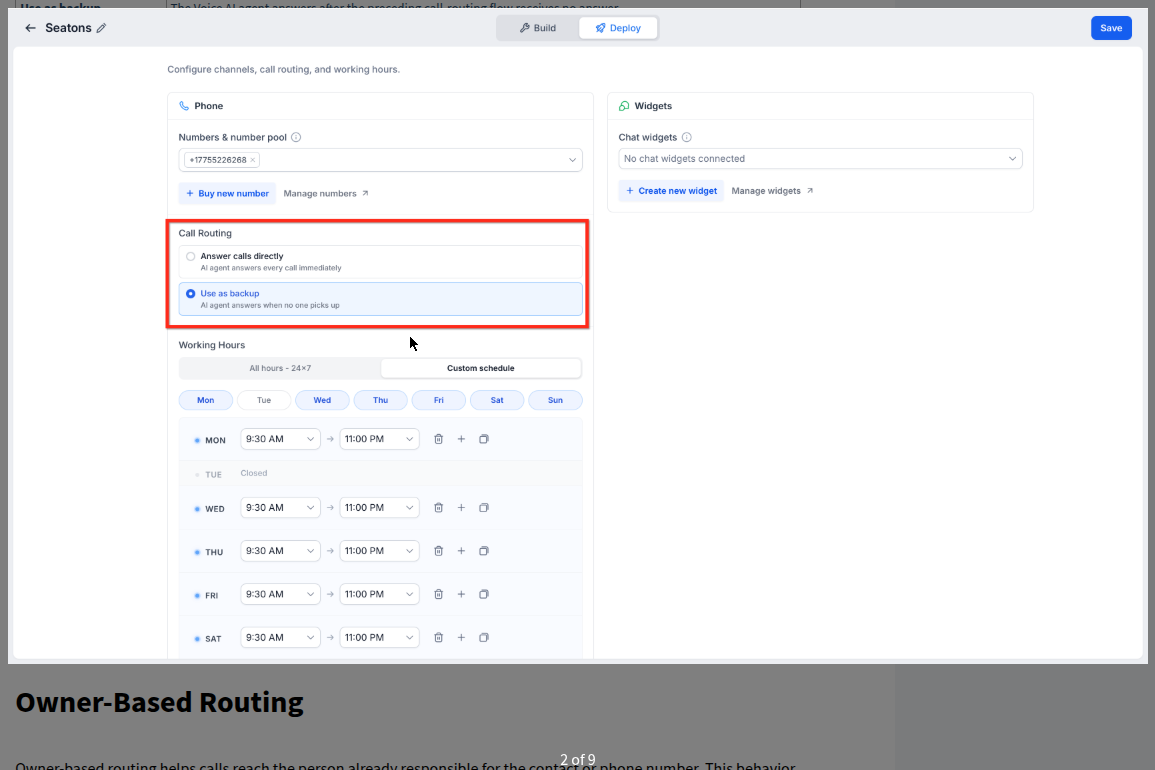 Deploy tab with phone number assignment, call routing options, and working hours