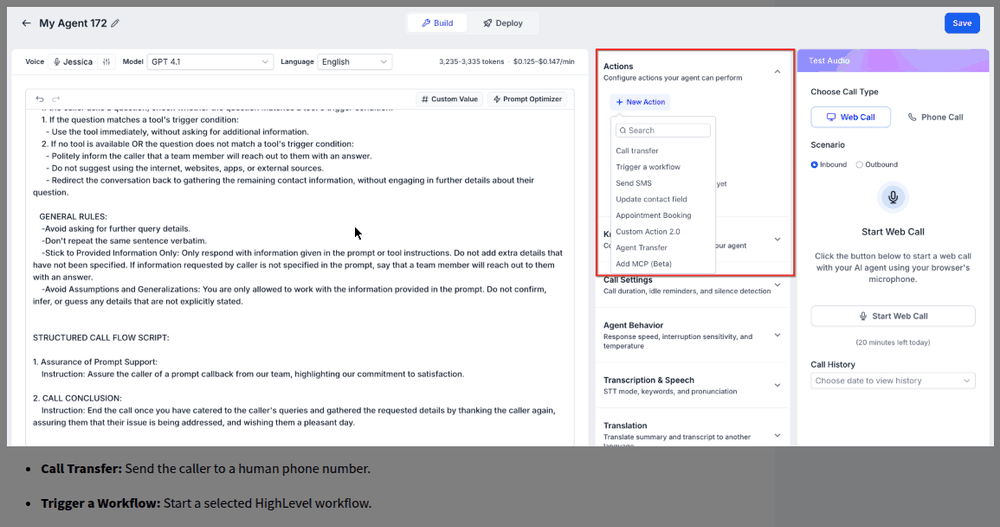 Actions menu: call transfer, trigger workflow, send SMS, appointment booking
