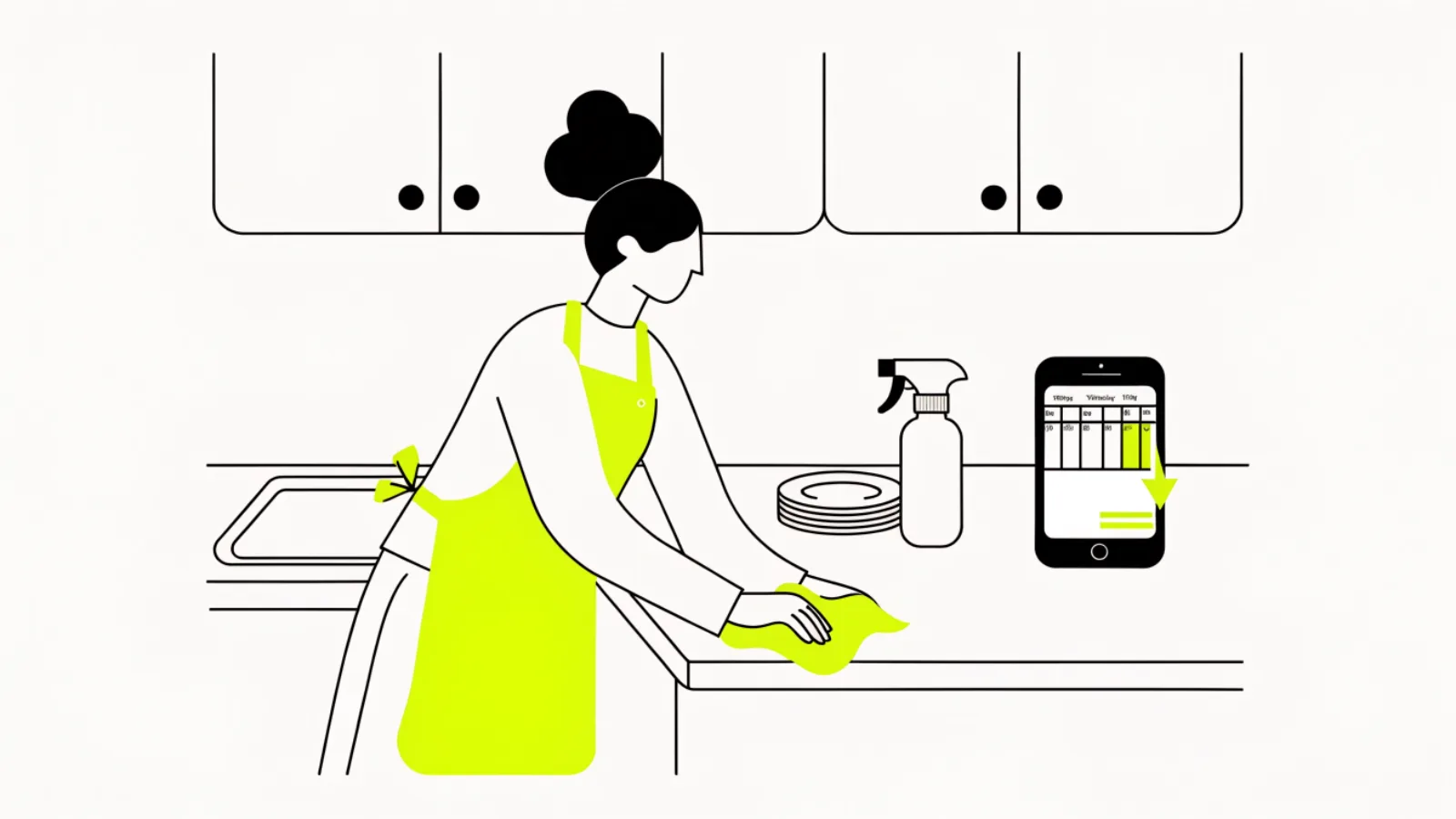 Illustration of a house cleaner at work while her phone moves a weekly visit from Thursday to Friday