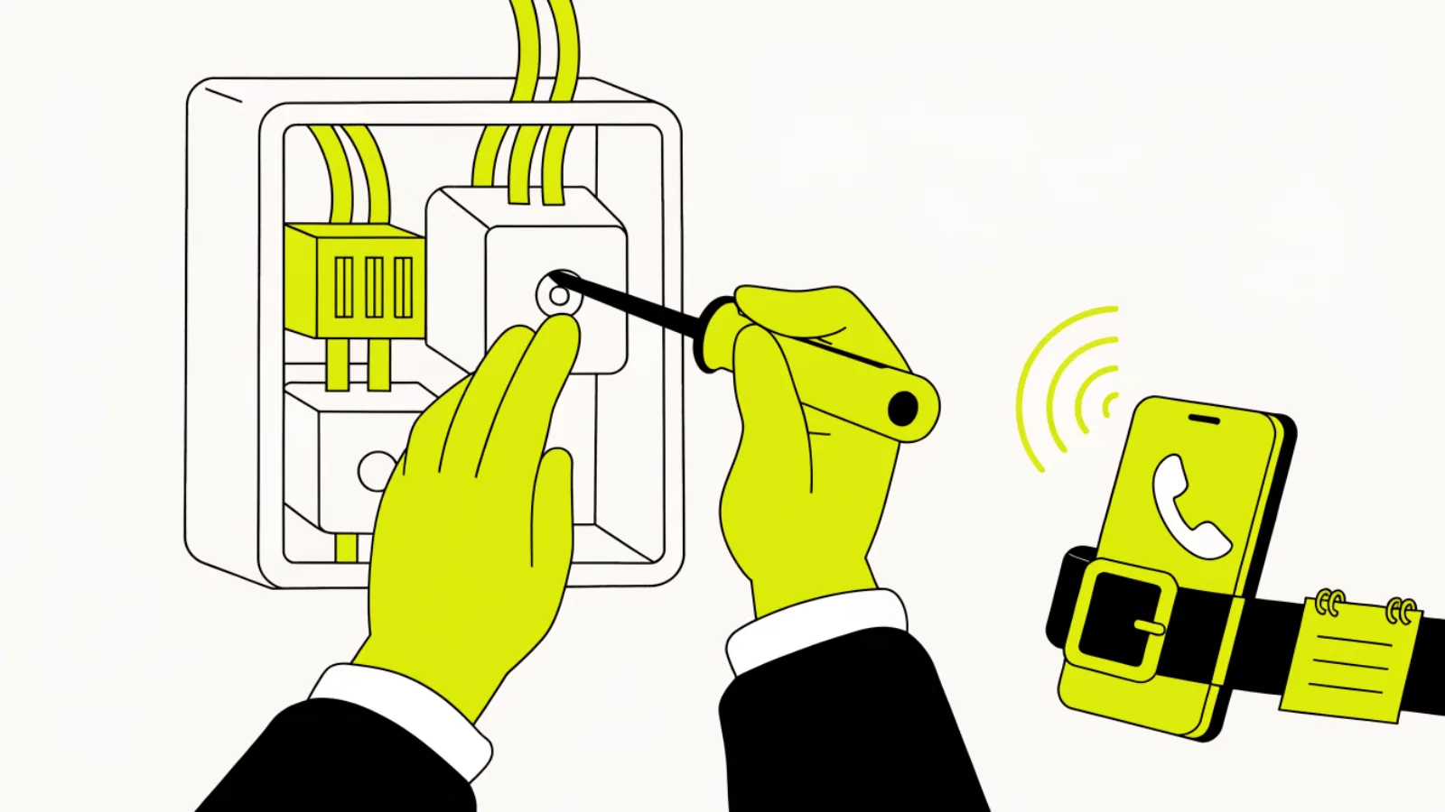 Illustration of an electrician working in a breaker panel while his phone is answered by an AI assistant
