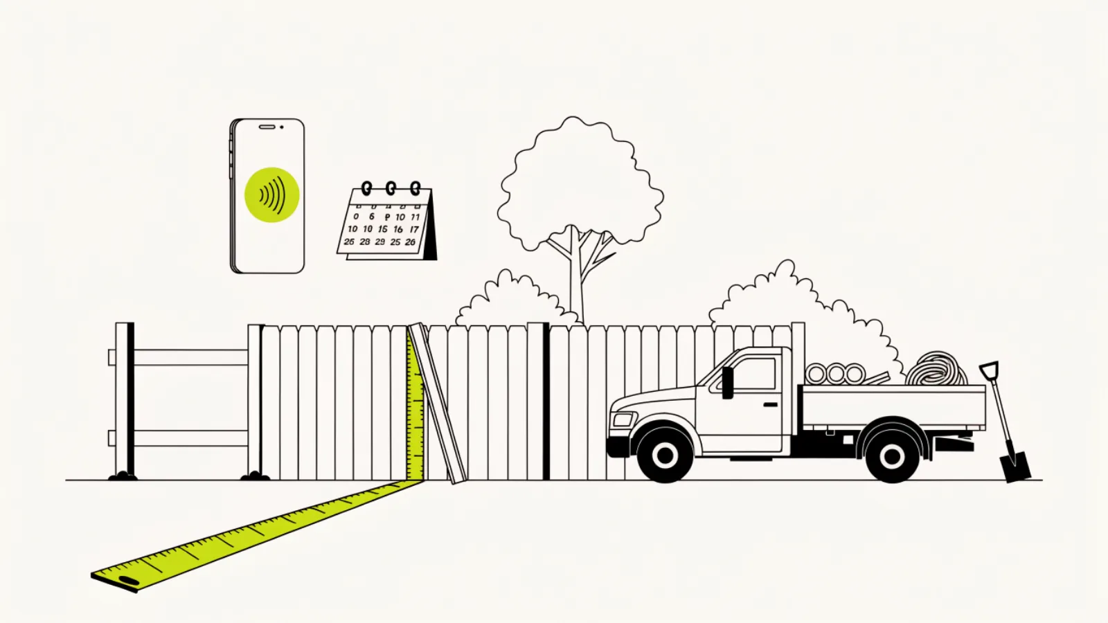 Illustration of a half-built cedar fence with a measuring tape and a phone booking an estimate