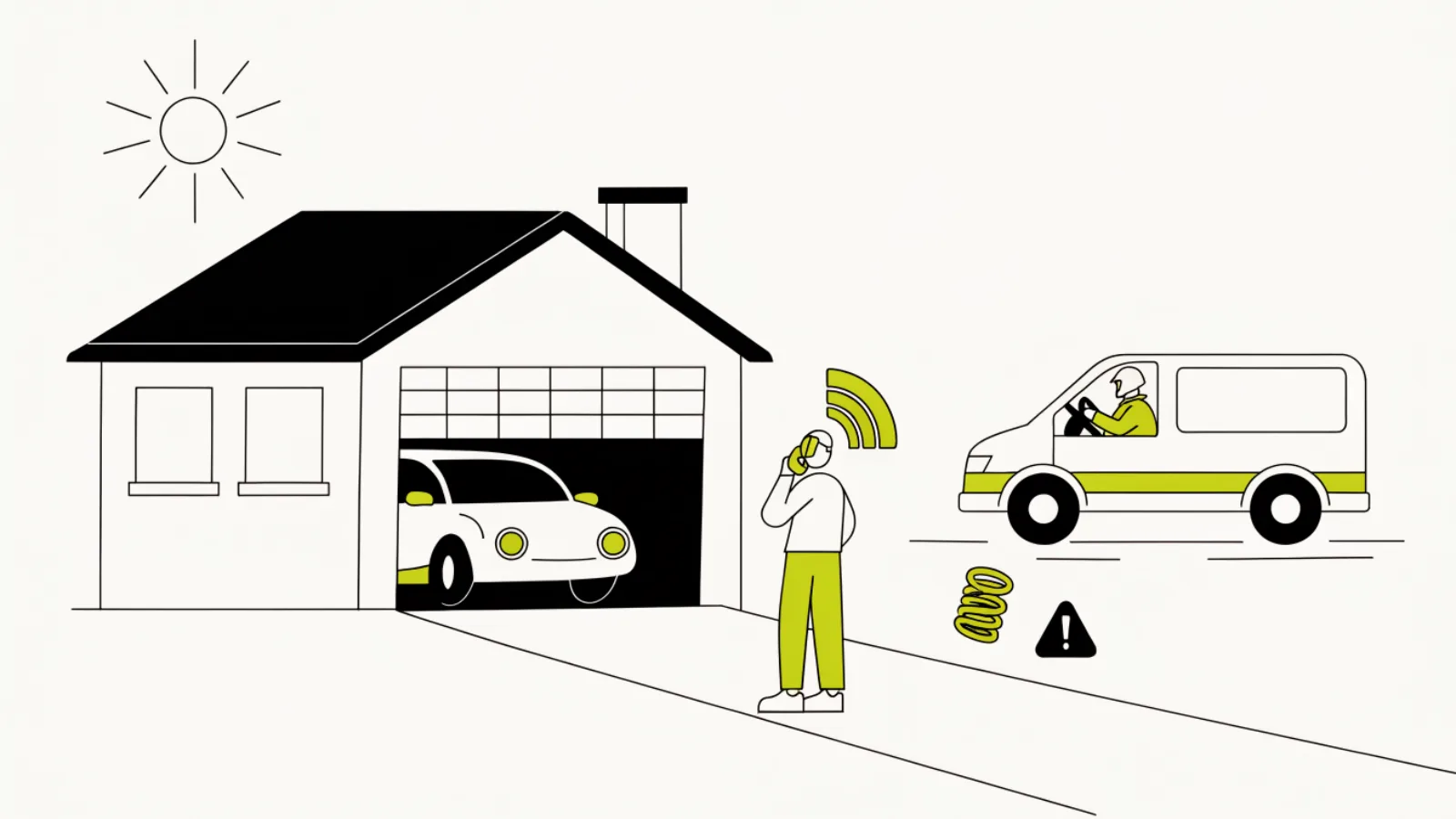 Illustration of a garage door stuck half open at dawn with a homeowner on the phone and a service van arriving