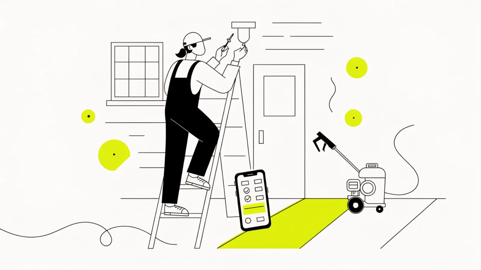 Illustration of a handyman on a ladder with a phone showing a job checklist and a pressure washer on a driveway