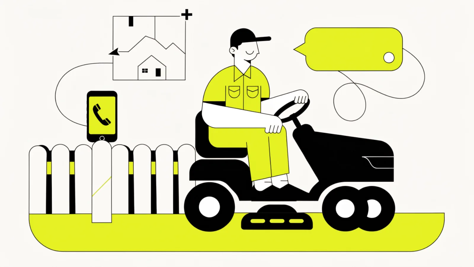 Illustration of a landscaper on a mower while his phone takes a quote call with a satellite map of the lot