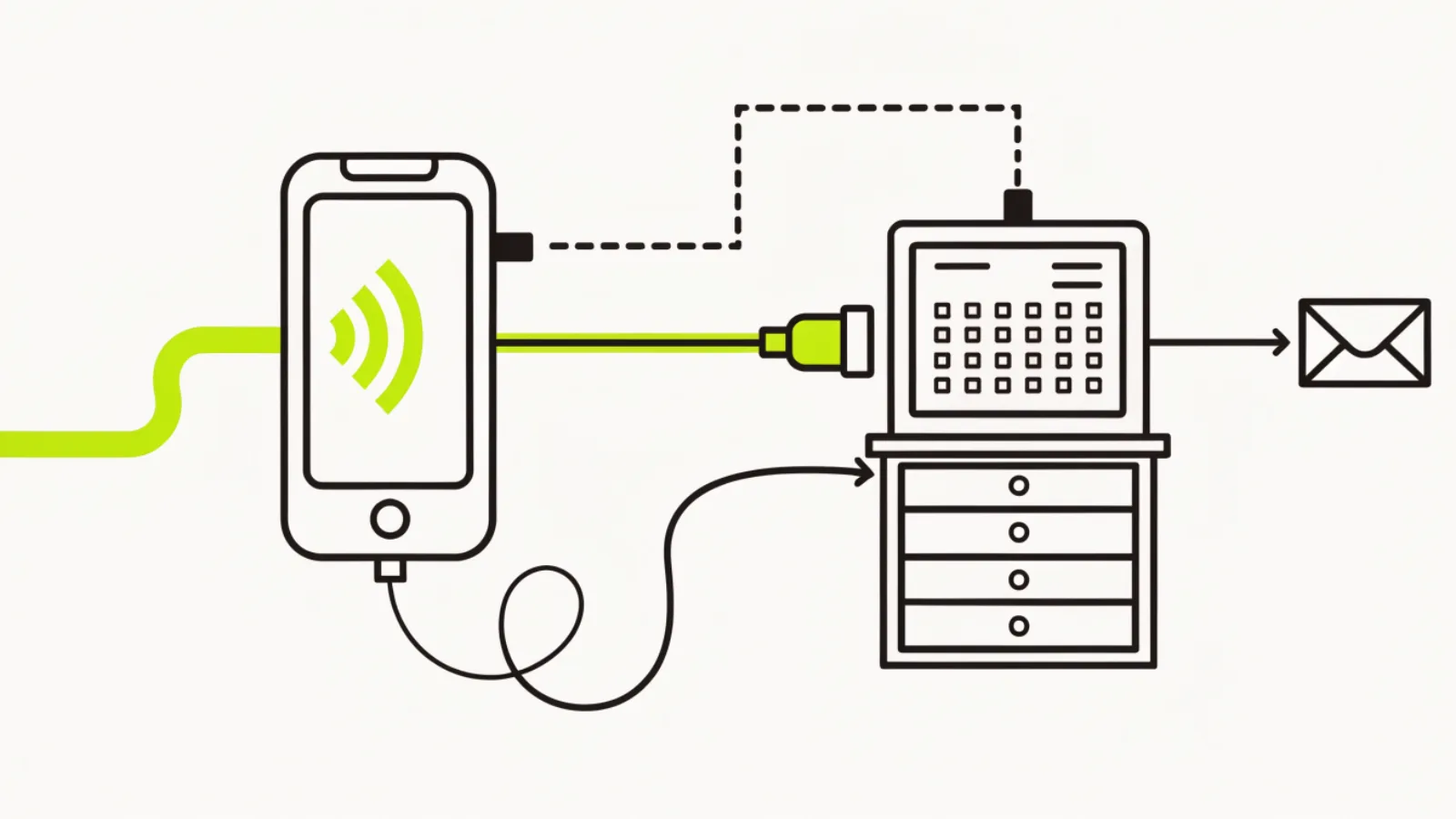 Illustration of a phone with an AI assistant connected to a dispatch board by four different kinds of cable