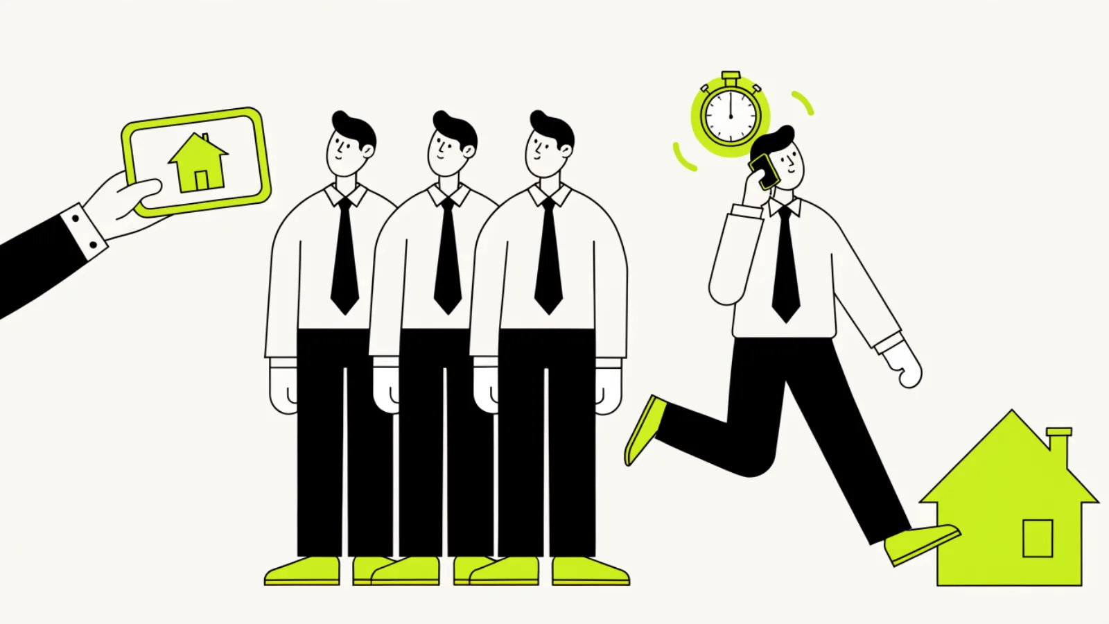 Illustration of one lead handed to four contractors at once, with the first to call running toward the house