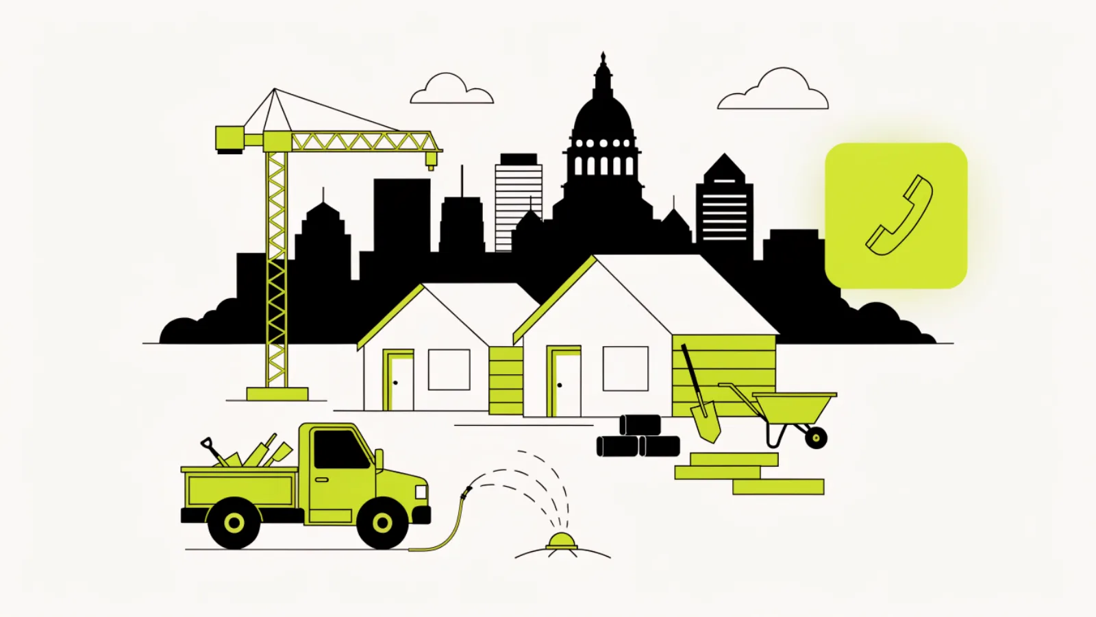 Illustration of the Austin skyline with new houses under construction and a landscaper truck in the foreground