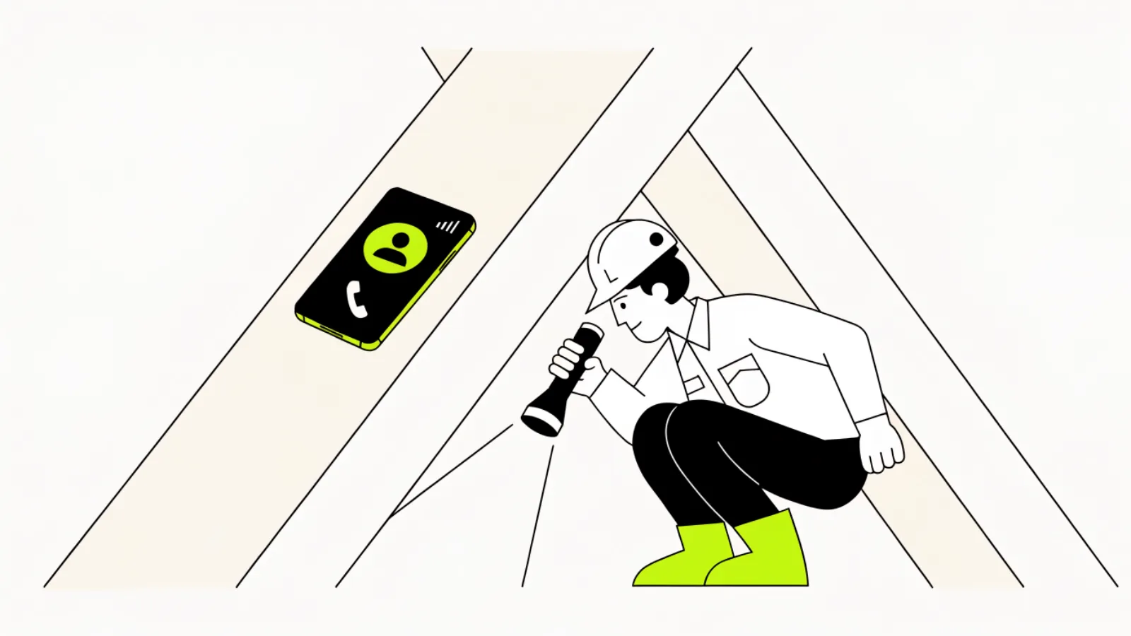 Illustration of an HVAC technician in an attic with his phone ringing on the rafters