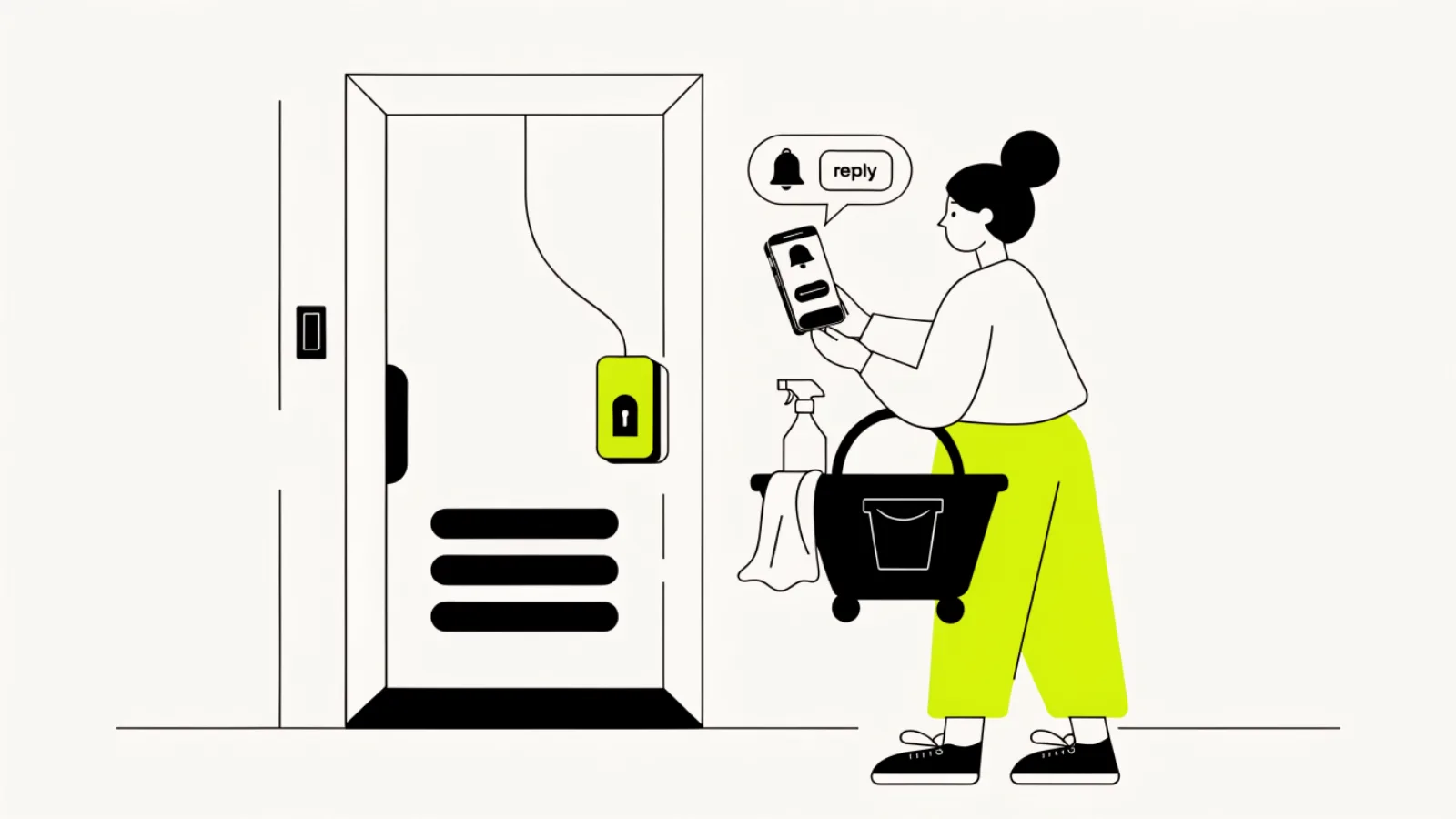 Illustration of a cleaner at a front door with a lockbox and a reminder text with a reply option