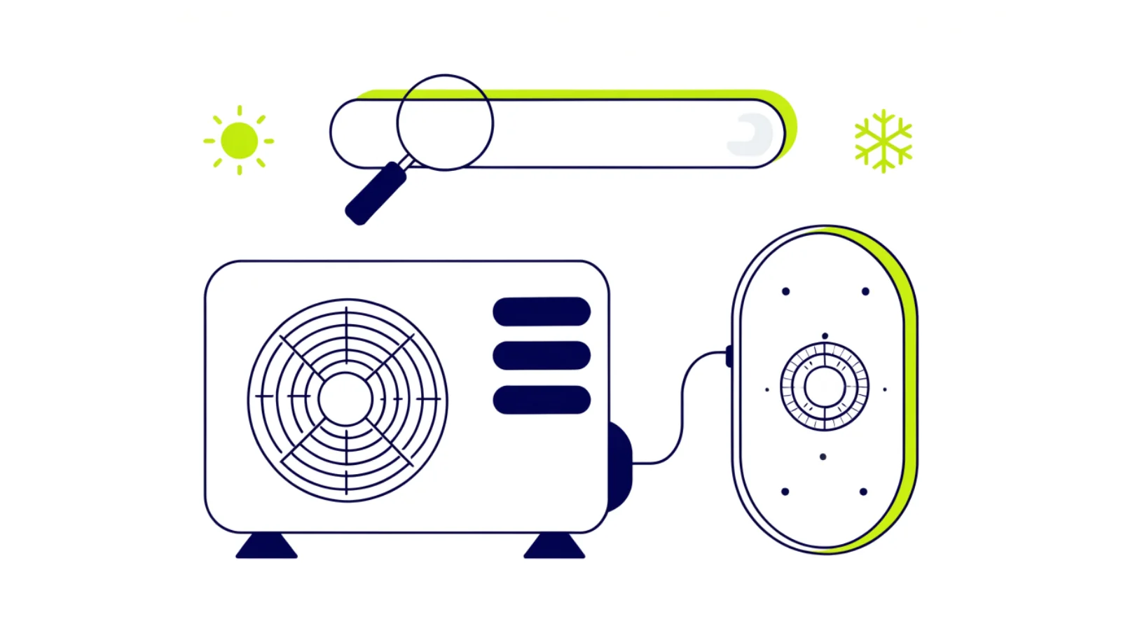 Illustration of an air conditioning unit and thermostat under a search bar with sun and snowflake icons