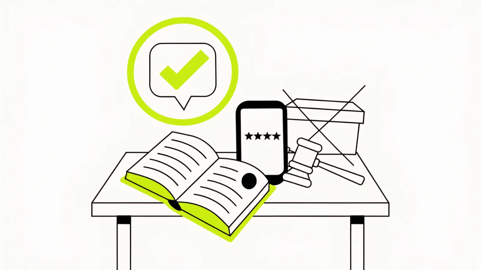 Illustration of a rulebook, a phone with five stars, and a crossed-out gift box