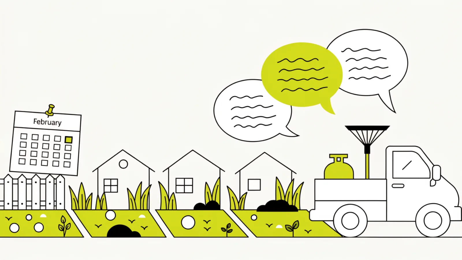 Illustration of early-spring lawns with a February calendar and renewal texts flying from a landscaper truck