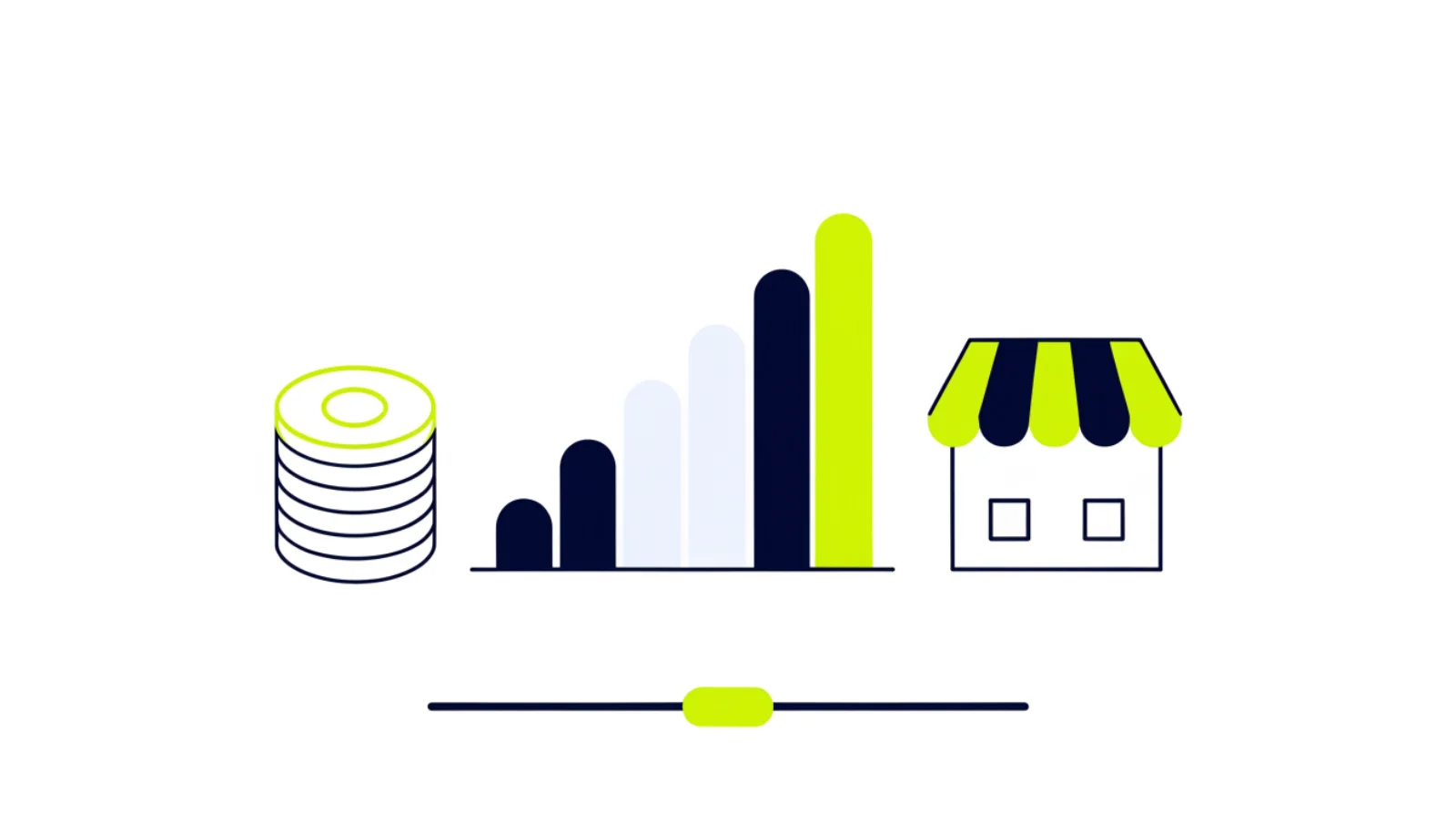 Illustration of coins beside a rising bar chart and a storefront, with a budget slider