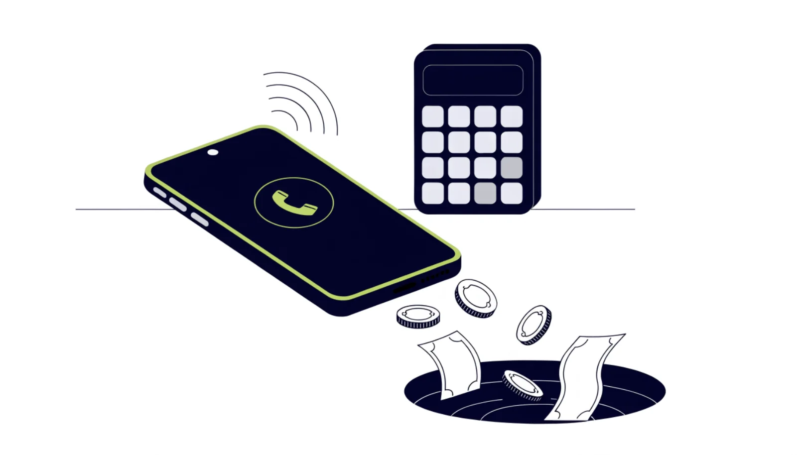 Illustration of a ringing phone with a missed-call icon and money draining away