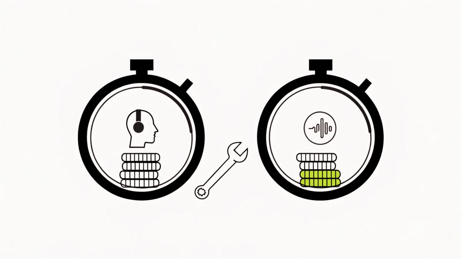 Illustration of two minute meters, one for a human receptionist with a tall coin stack and one for AI with a short stack