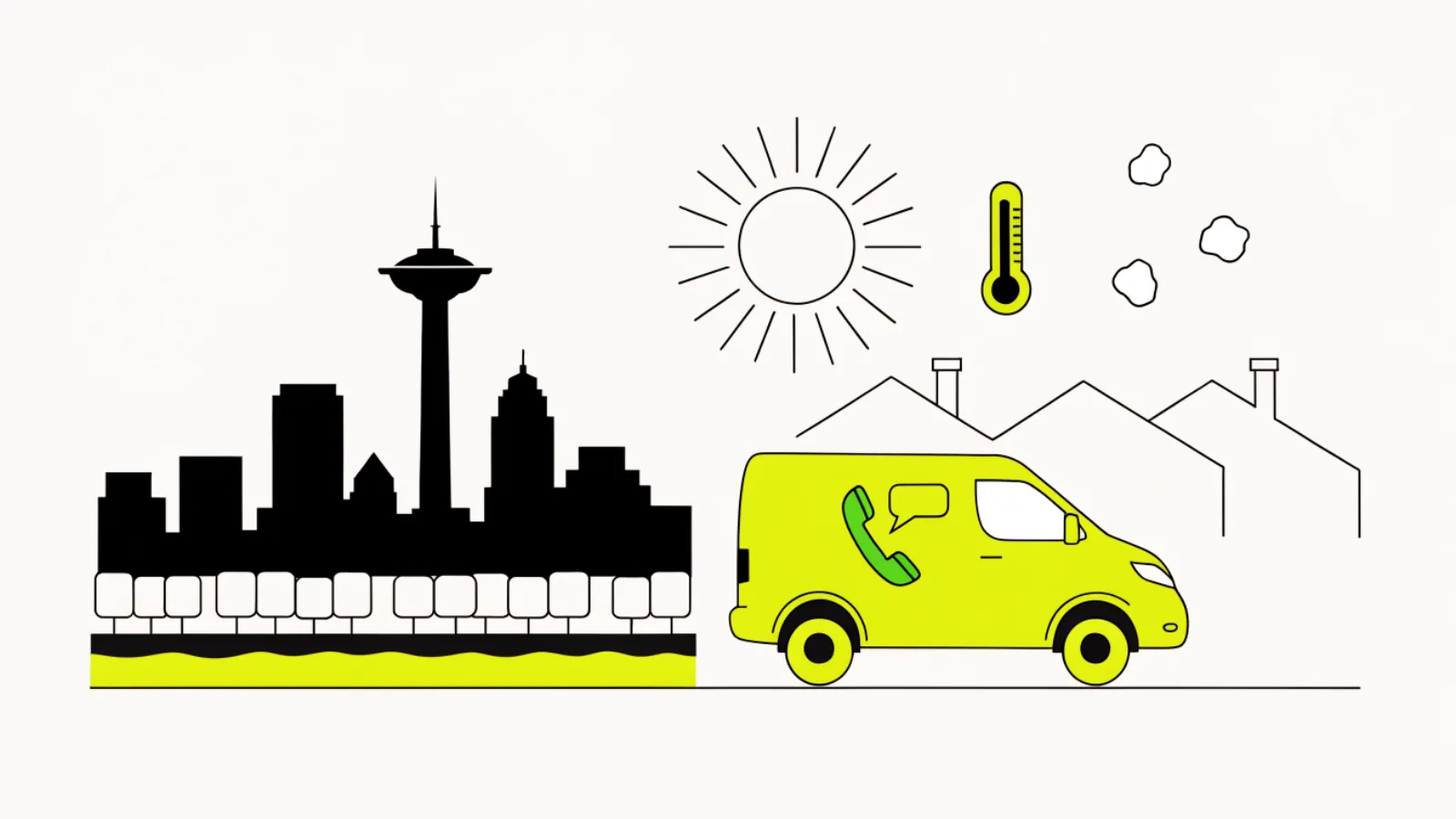 Illustration of the San Antonio skyline with the Tower of the Americas, rooftops with hail and a service van