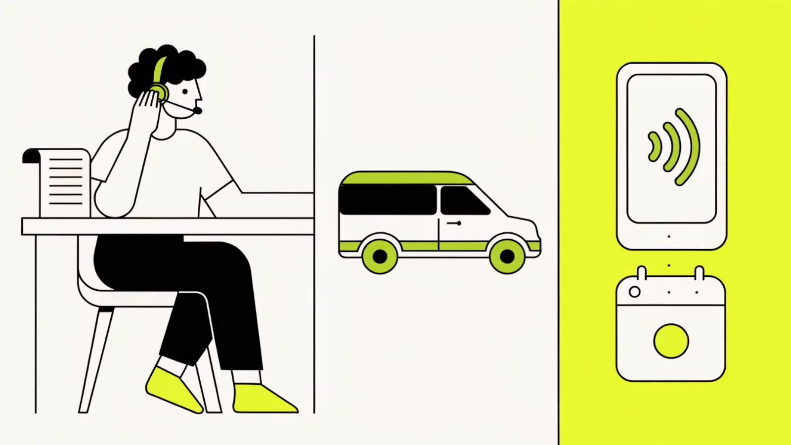 Illustration comparing a human receptionist at a desk with an AI phone booking a calendar slot for a service van
